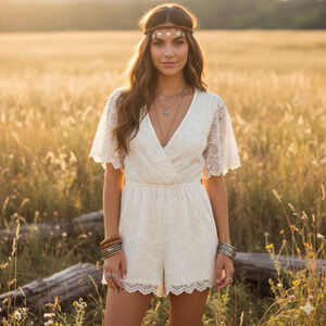 Venus Romper, Embroidered Lace Surplice Neck, Size Medium, Ivory, Used